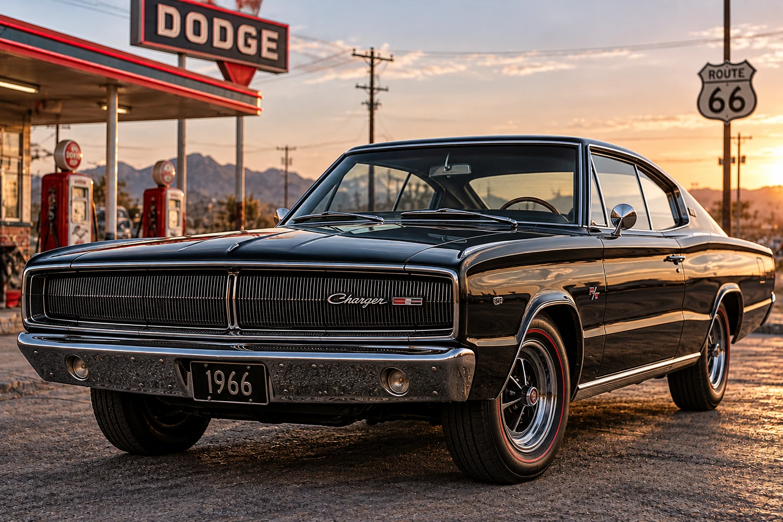 Illustration of a 1966 Dodge Charger at a vintage roadside station