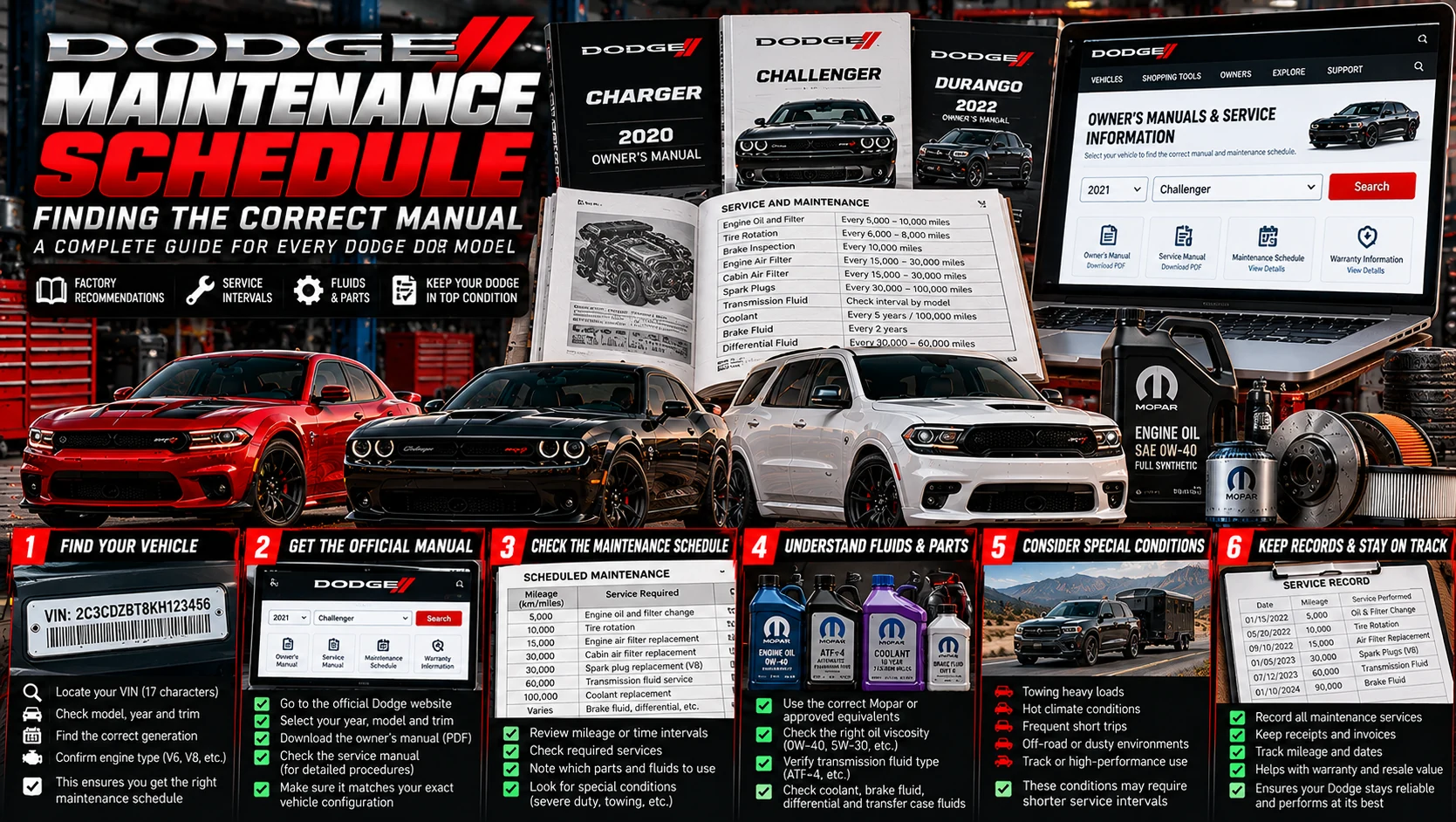 Illustrated guide to locating the correct Dodge owner manual and understanding maintenance schedules, vehicle identification, service intervals, fluids, and records.