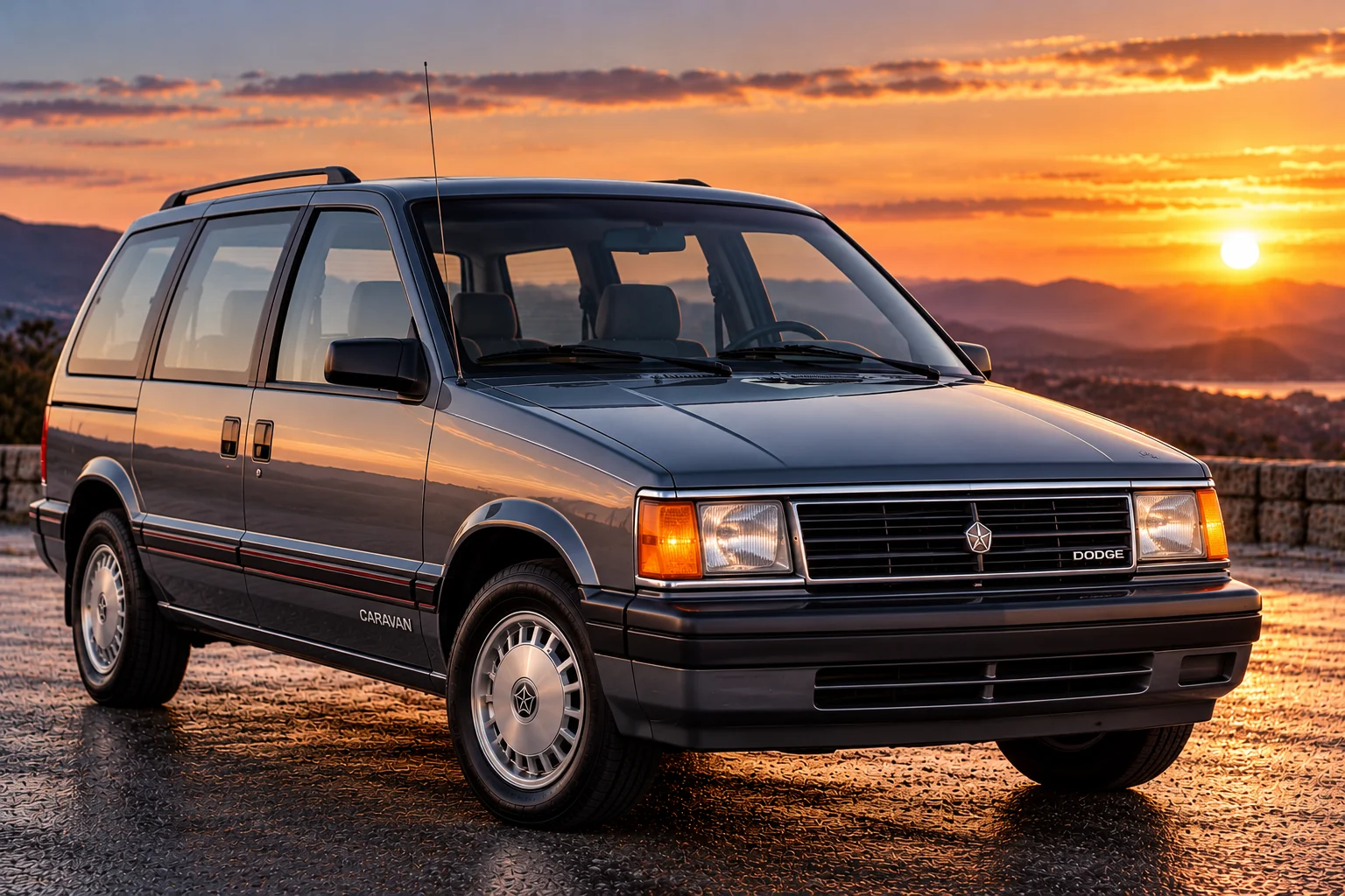 First-generation 1984–1990 Dodge Caravan minivan, front three-quarter view
