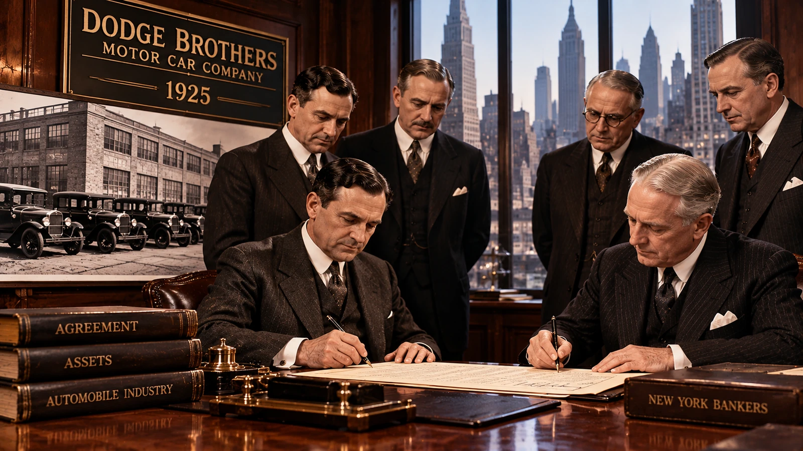 AI-generated editorial illustration: Dodge Brothers sold to New York bankers (Timeline)