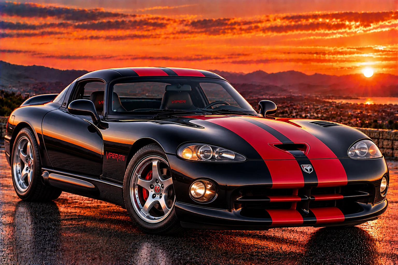 Dodge Viper-inspired sports coupe, black and red, front three-quarter view
