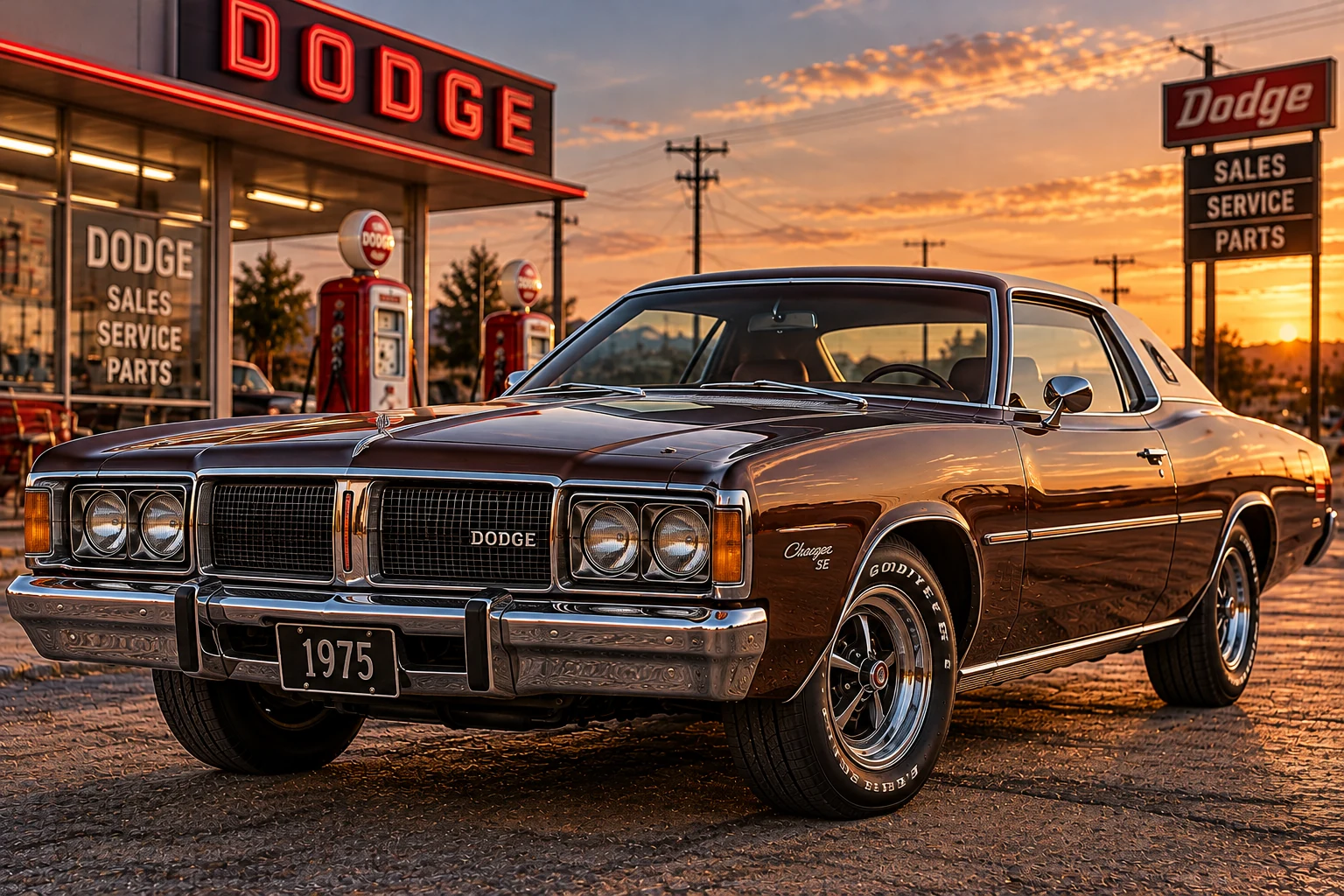 Illustration inspired by a 1975 Dodge Charger SE in a vintage dealership setting