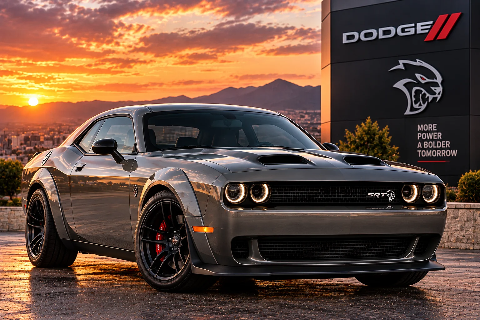 Illustrative Dodge Challenger SRT Hellcat in cinematic sunset setting