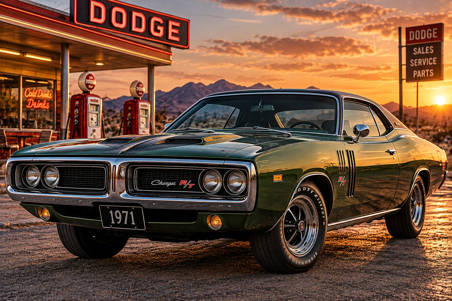 Illustration inspired by a 1971 Dodge Charger R/T in a vintage roadside setting