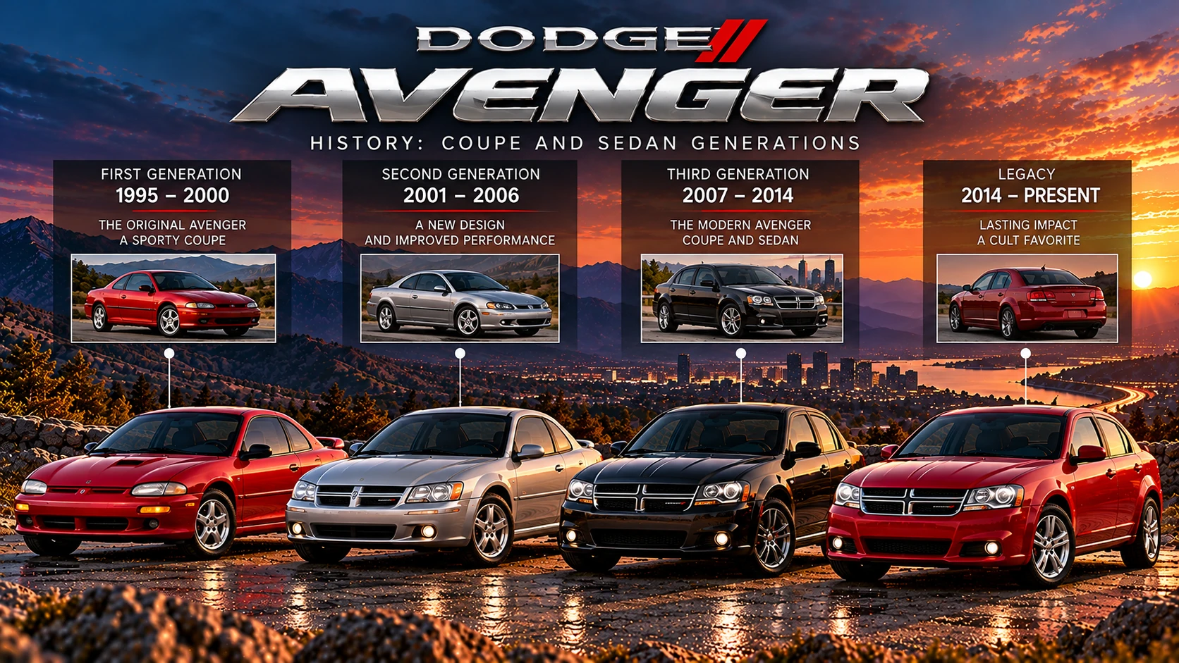 AI-generated conceptual illustration of Dodge Avenger coupe and sedan designs against a sunset landscape