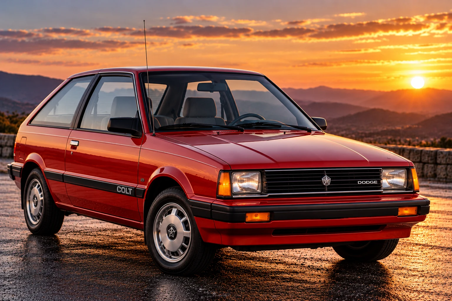1980s Dodge Colt two-door subcompact hatchback, front three-quarter view