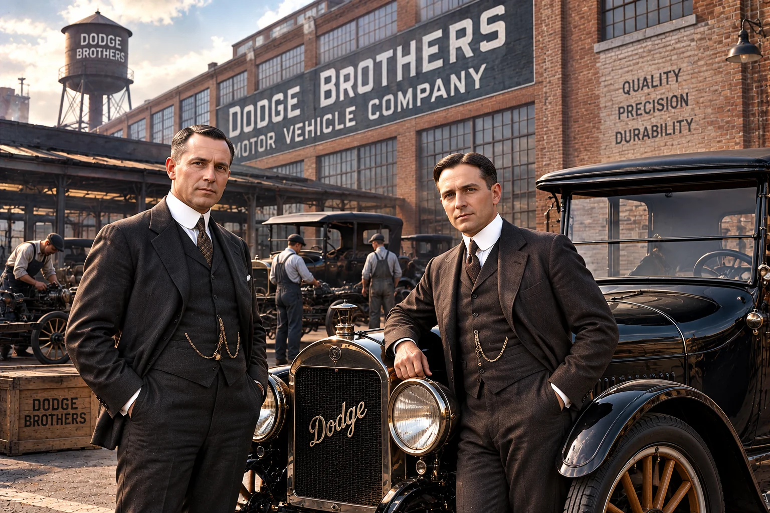 Illustrative reconstruction of Dodge Brothers early automobile manufacturing; depicted people are not authenticated portraits