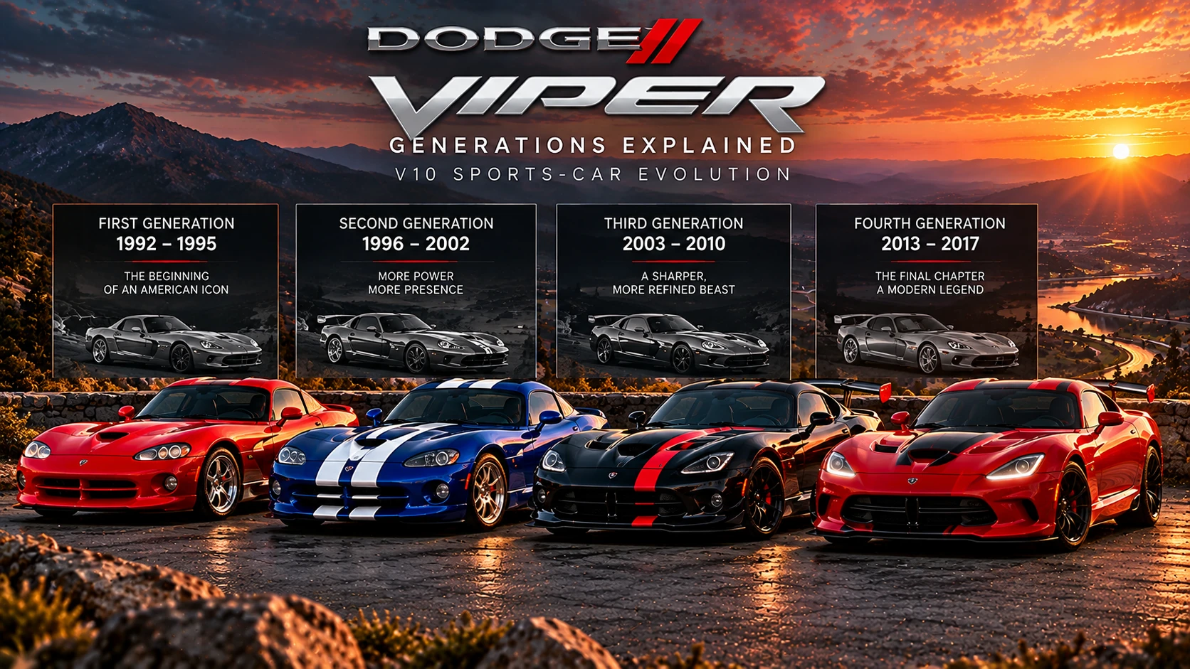 AI-generated illustration of four Dodge Viper-style sports cars at a mountain sunset with a stylized generation timeline